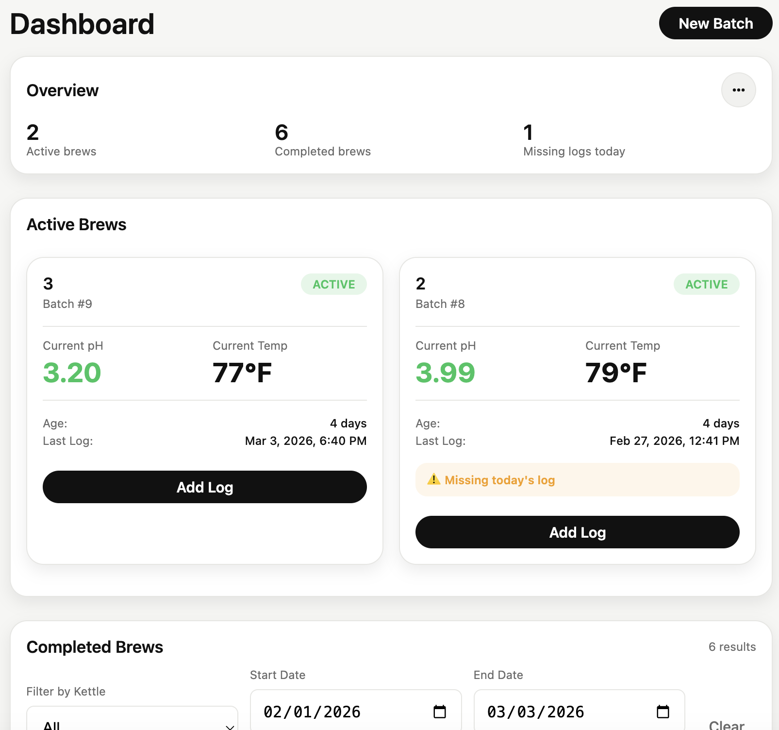BrewLogs kombucha production dashboard showing active brews, fermentation status, pH readings, and batch history